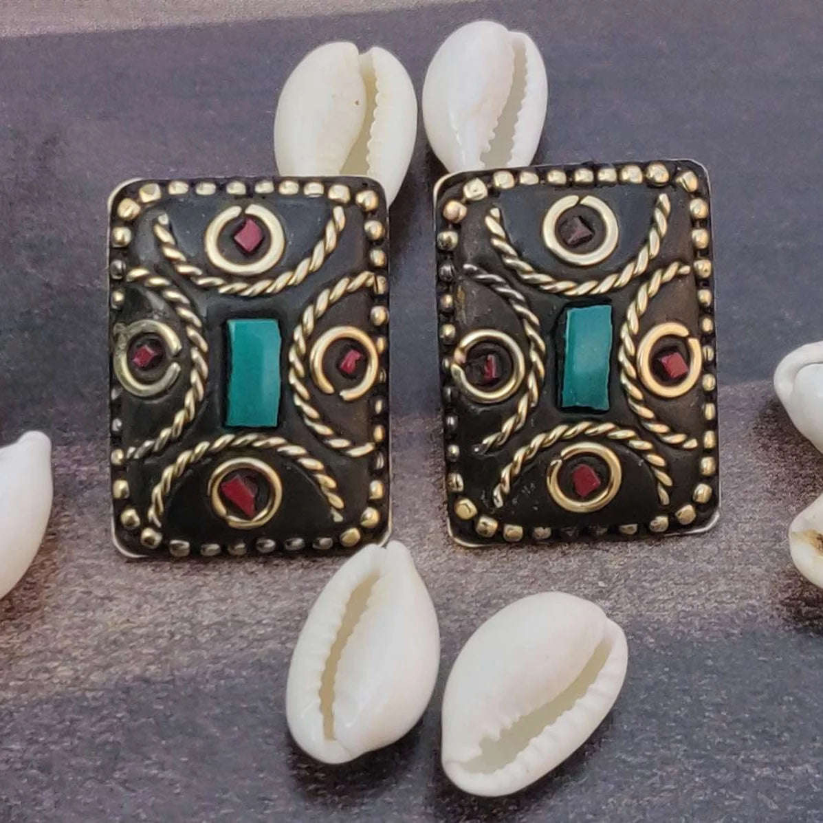 Handmade Jaipuri Lac Work Stud Earrings, Ethnic Square Gold-Plated Tops