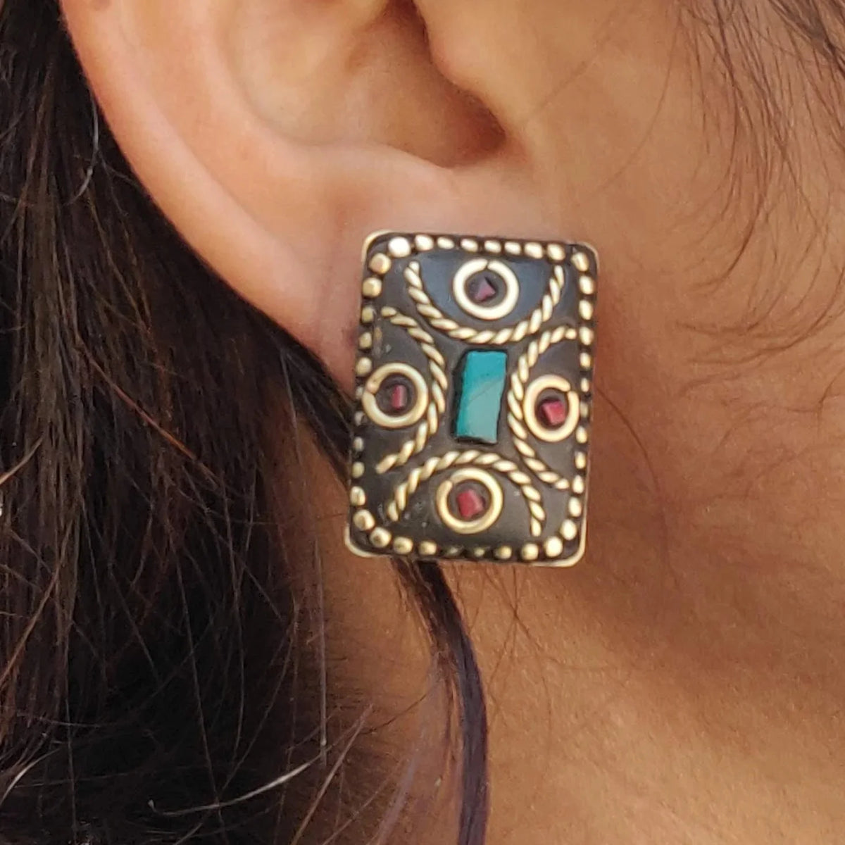 Handmade Jaipuri Lac Work Stud Earrings, Ethnic Square Gold-Plated Tops