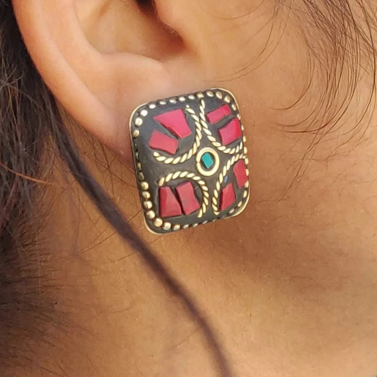 Kalatmika Indian Craft Lac Work Geometric Stud Earrings