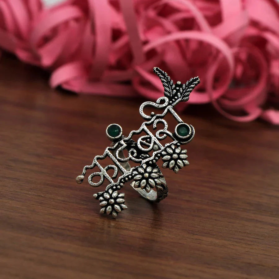 Kadambari Vintage Engraved Statement Ring, Oxidised Silver Green Stone Adjustable Anguthi