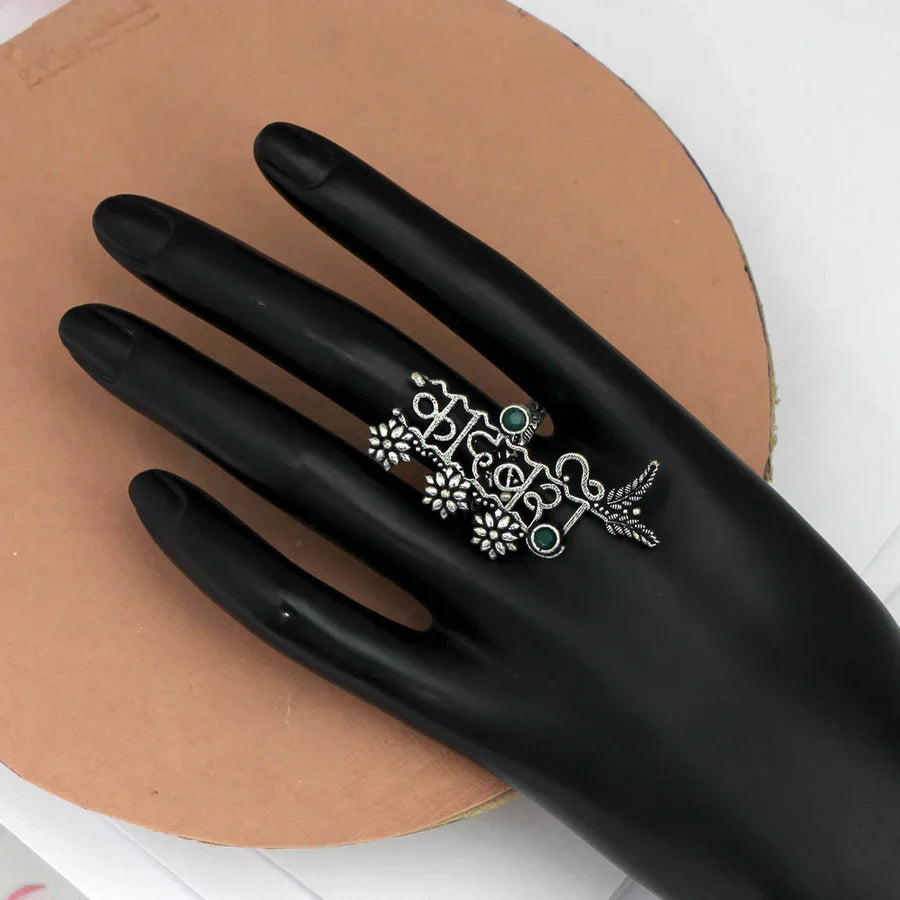 Kadambari Vintage Engraved Statement Ring, Oxidised Silver Green Stone Adjustable Anguthi