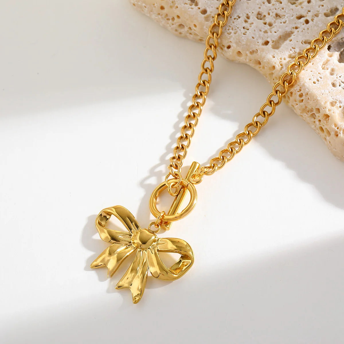 Kalatmika 18K Gold Plated Anti-Tarnish Bow Knot Pendant Necklace for Women, Waterproof Stainless Steel Cuban Link Ribbon Chain Jewelry