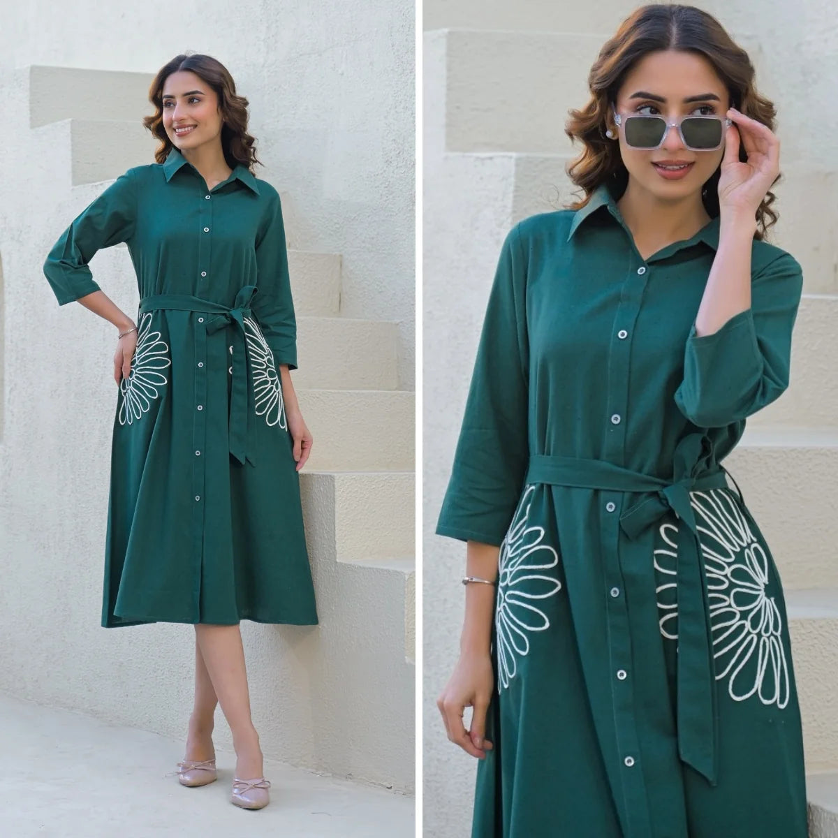 Kalatmika Green Pure Cotton Floral Embroidered Midi Dress With Belt
