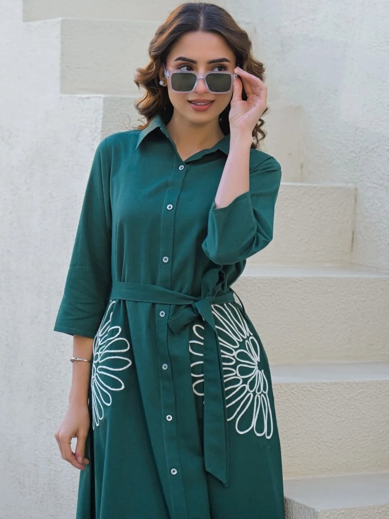 Kalatmika Green Pure Cotton Floral Embroidered Midi Dress With Belt
