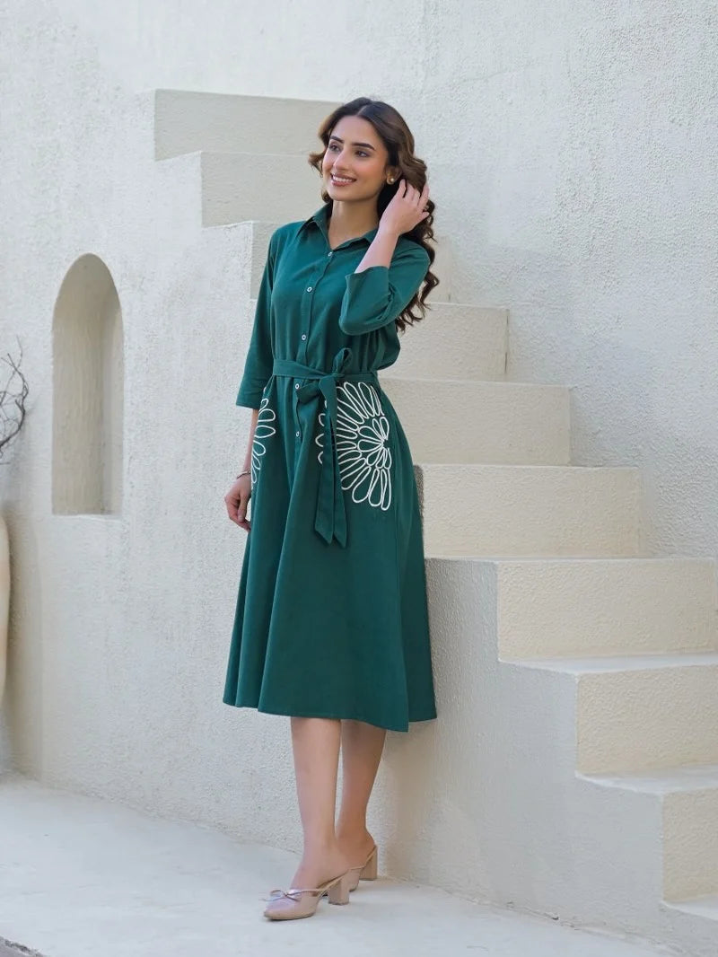 Kalatmika Green Pure Cotton Floral Embroidered Midi Dress With Belt