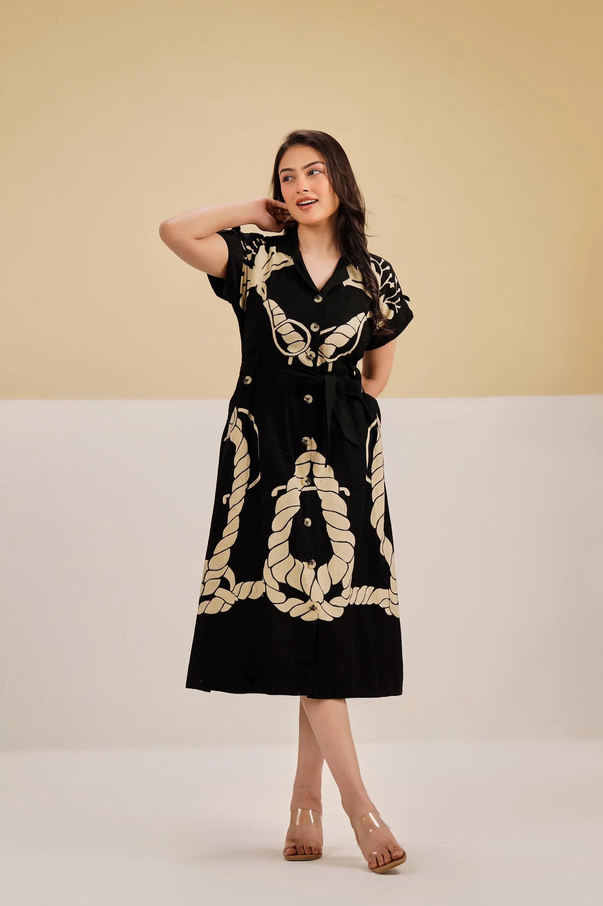 Kalatmika Pure Cotton Flared Print Midi Dress – Black