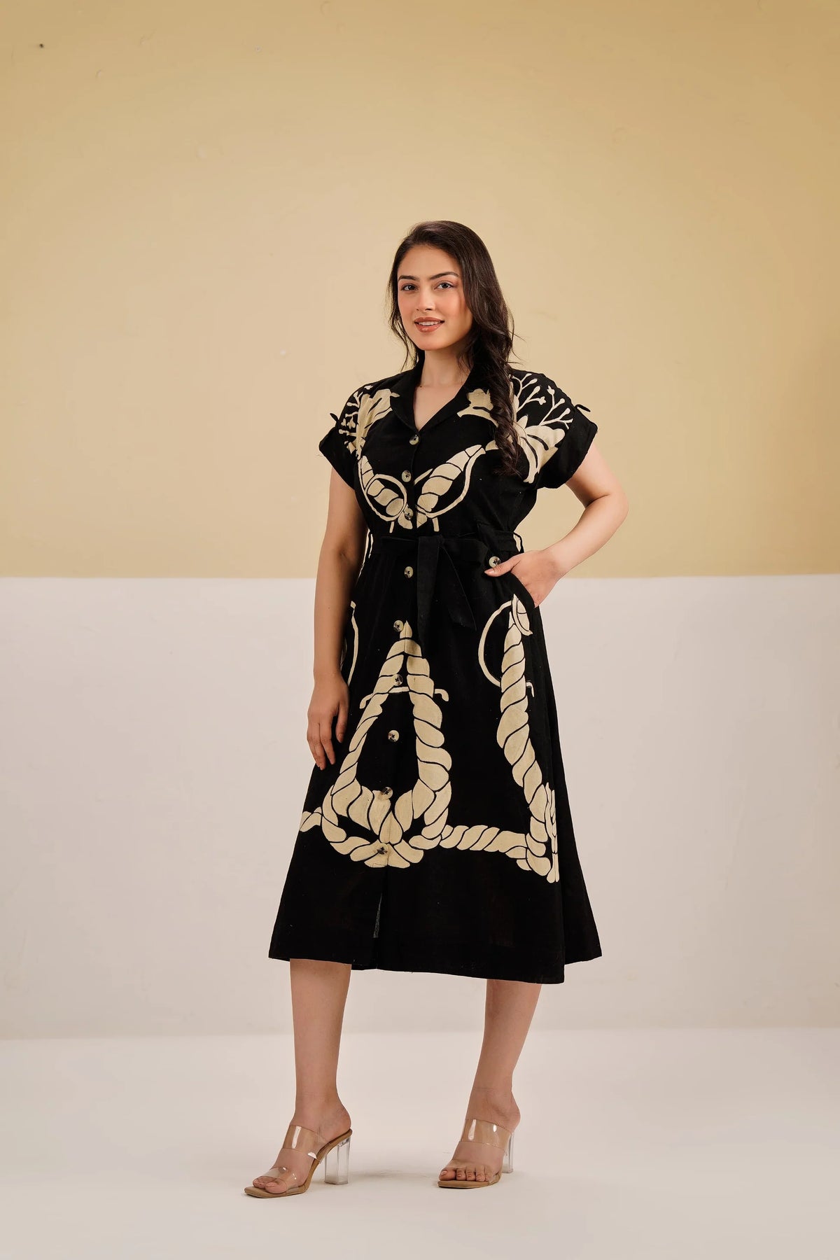 Kalatmika Pure Cotton Flared Print Midi Dress – Black