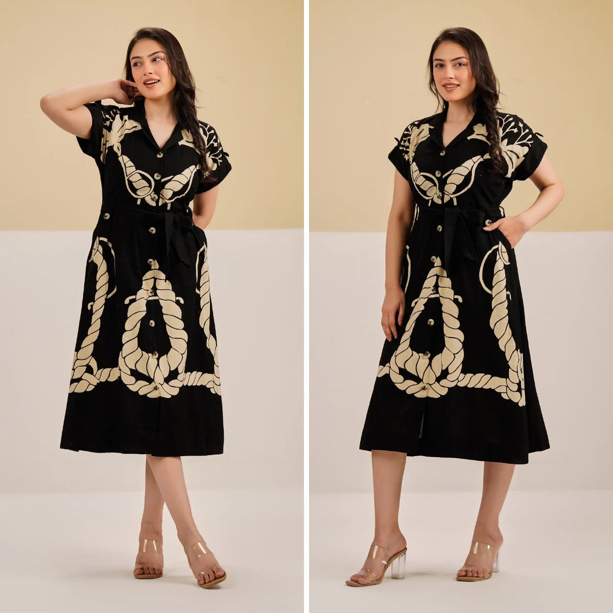 Kalatmika Pure Cotton Flared Print Midi Dress – Black