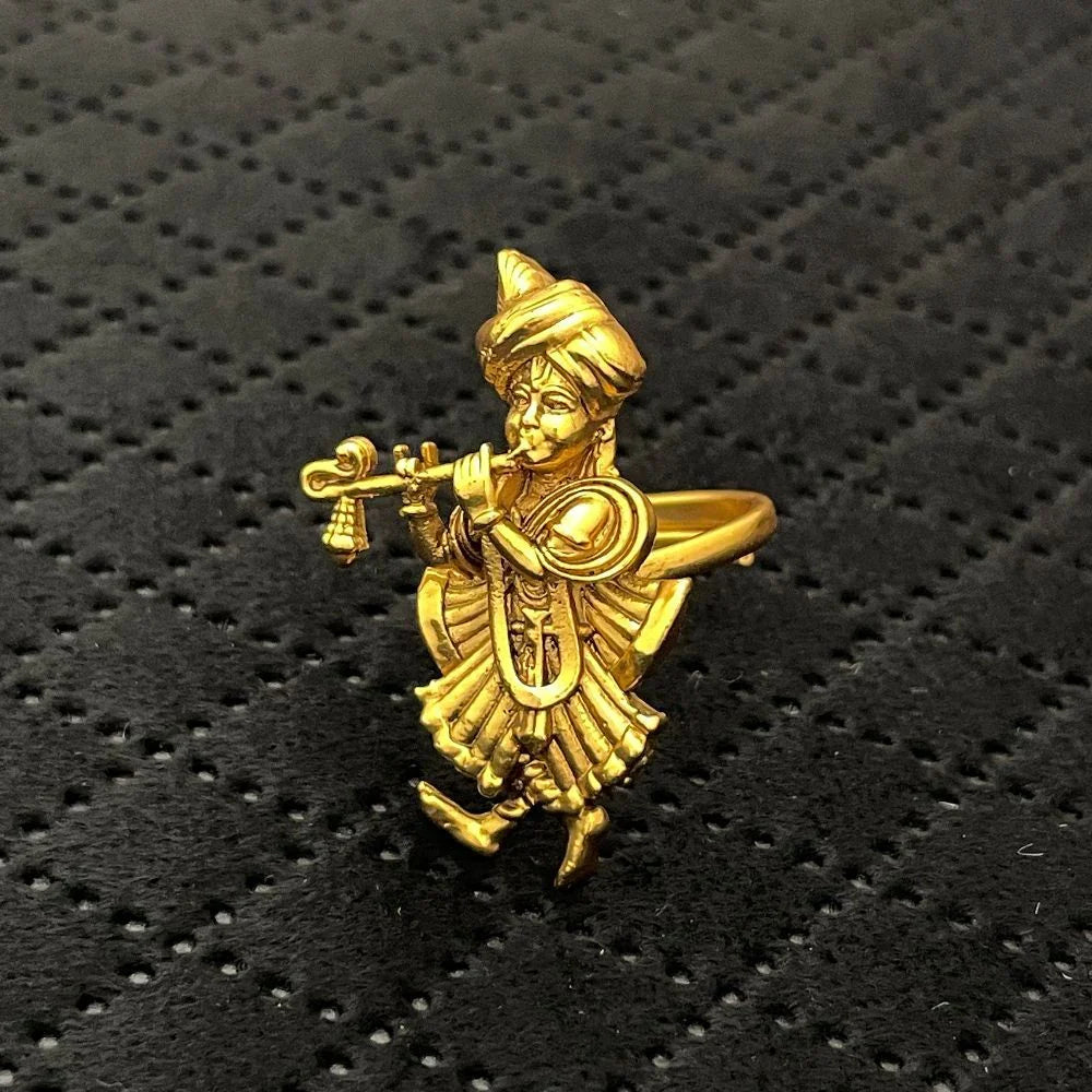 Lord Krishna Flute Playing Matte Gold Temple Ring, Antique Copper Devotional Adjustable Anguthi