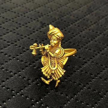 Lord Krishna Flute Playing Matte Gold Temple Ring, Antique Copper Devotional Adjustable Anguthi