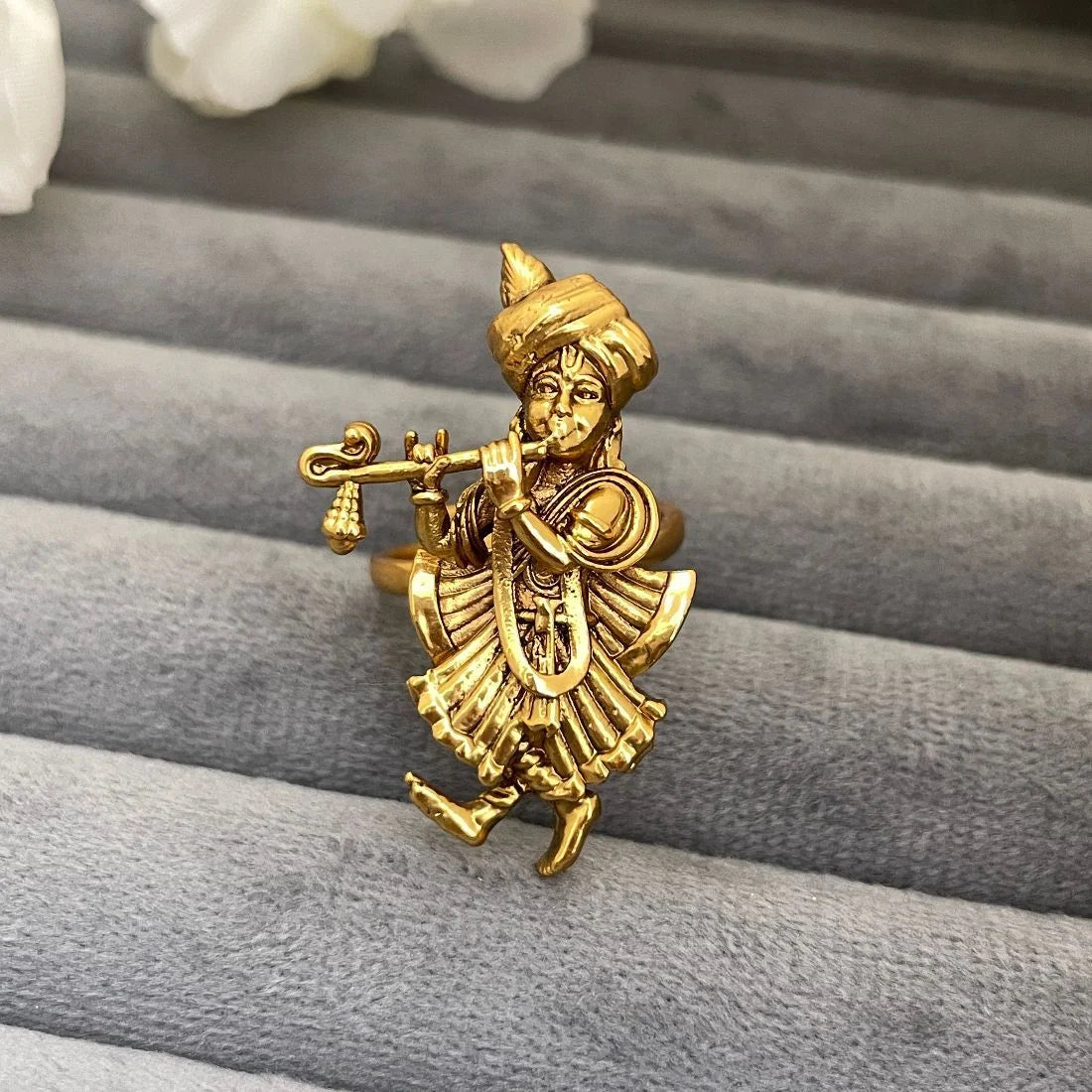 Lord Krishna Flute Playing Matte Gold Temple Ring, Antique Copper Devotional Adjustable Anguthi