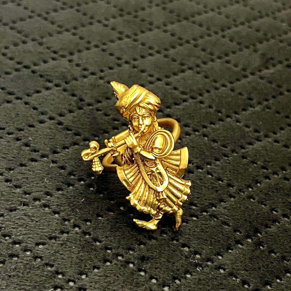 Lord Krishna Flute Playing Matte Gold Temple Ring, Antique Copper Devotional Adjustable Anguthi