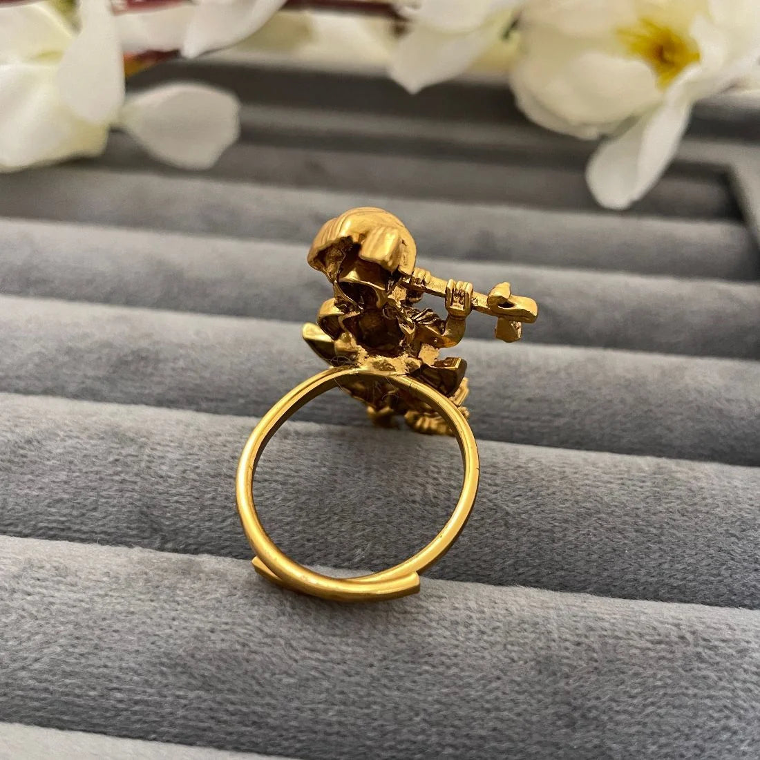 Lord Krishna Flute Playing Matte Gold Temple Ring, Antique Copper Devotional Adjustable Anguthi