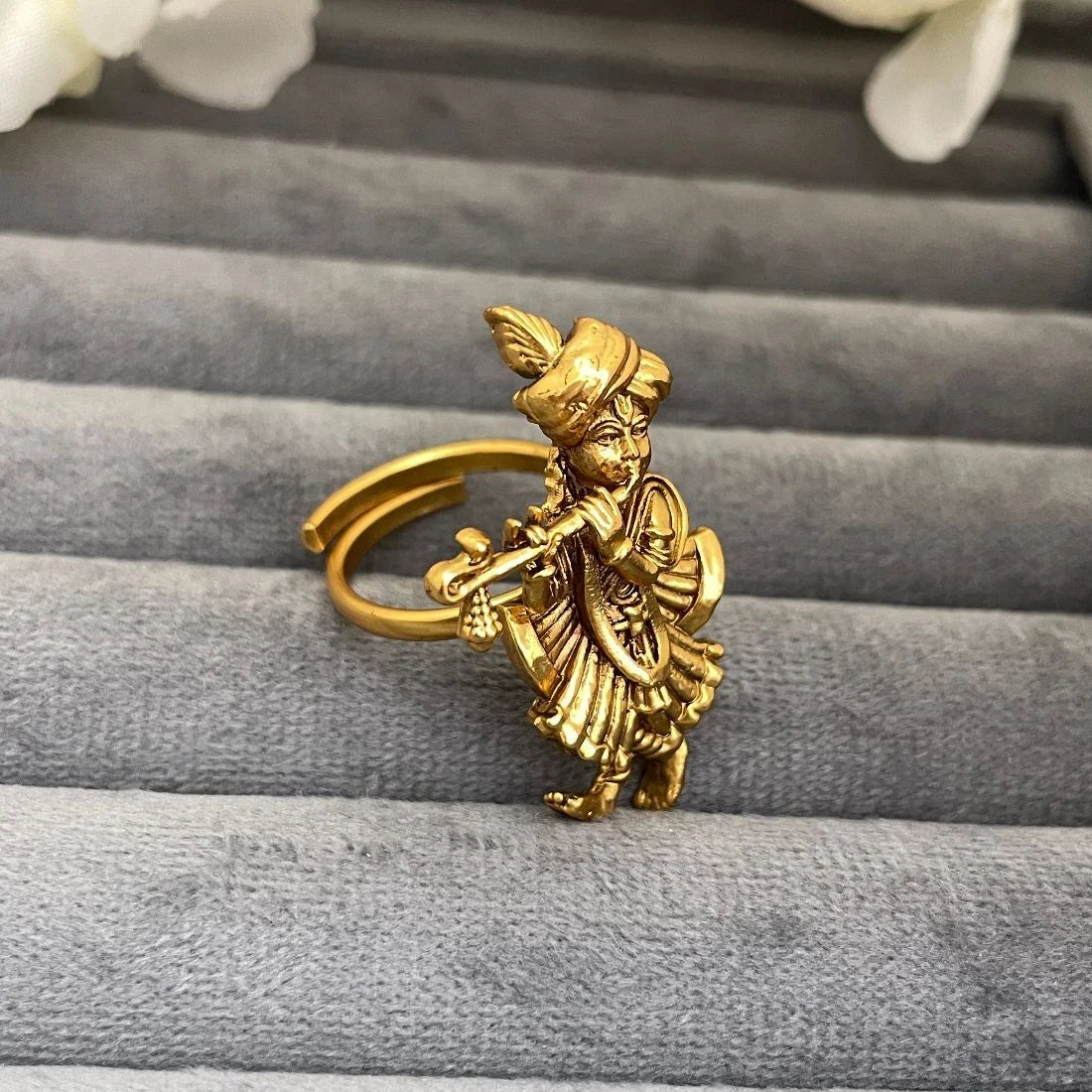 Lord Krishna Flute Playing Matte Gold Temple Ring, Antique Copper Devotional Adjustable Anguthi
