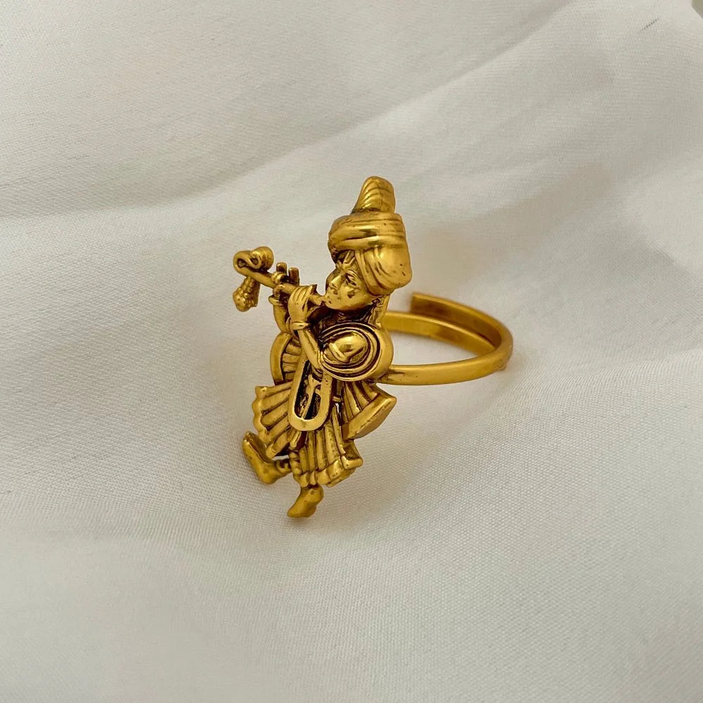 Lord Krishna Flute Playing Matte Gold Temple Ring, Antique Copper Devotional Adjustable Anguthi