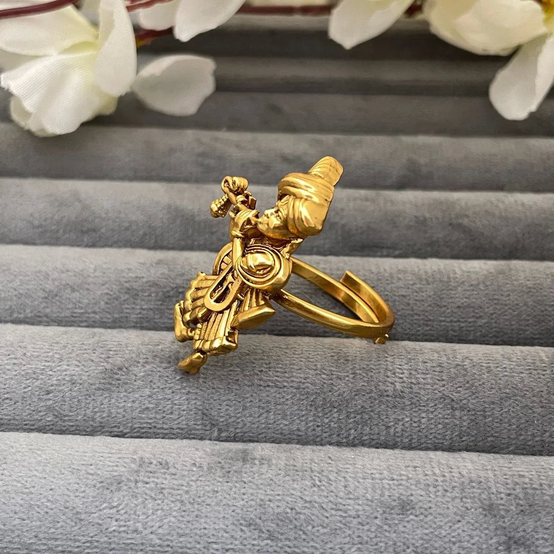 Lord Krishna Flute Playing Matte Gold Temple Ring, Antique Copper Devotional Adjustable Anguthi