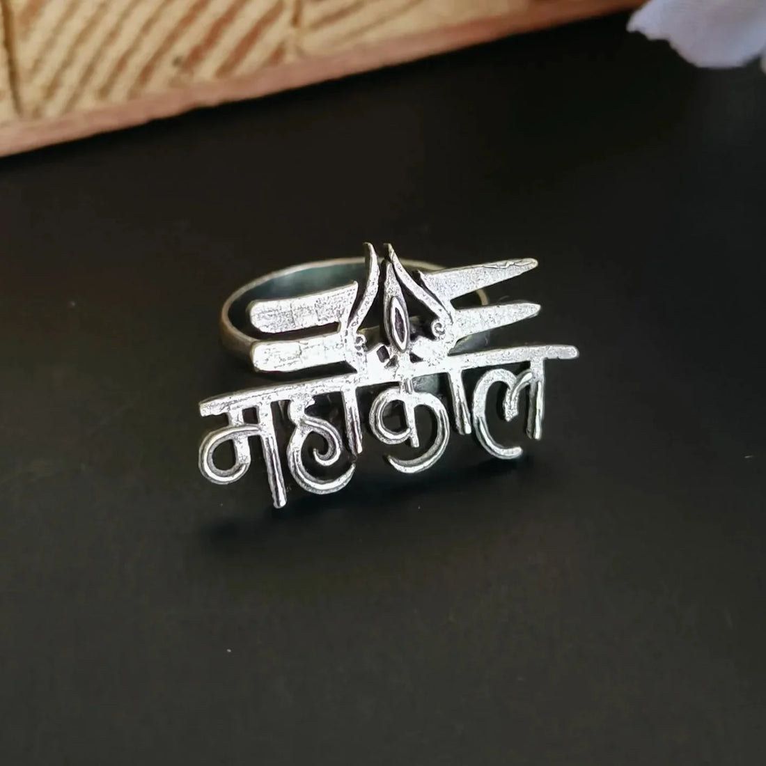 Mahakal Trishul Engraved Oxidised Ring, Antique Silver Lord Shiva Devotional Adjustable Anguthi