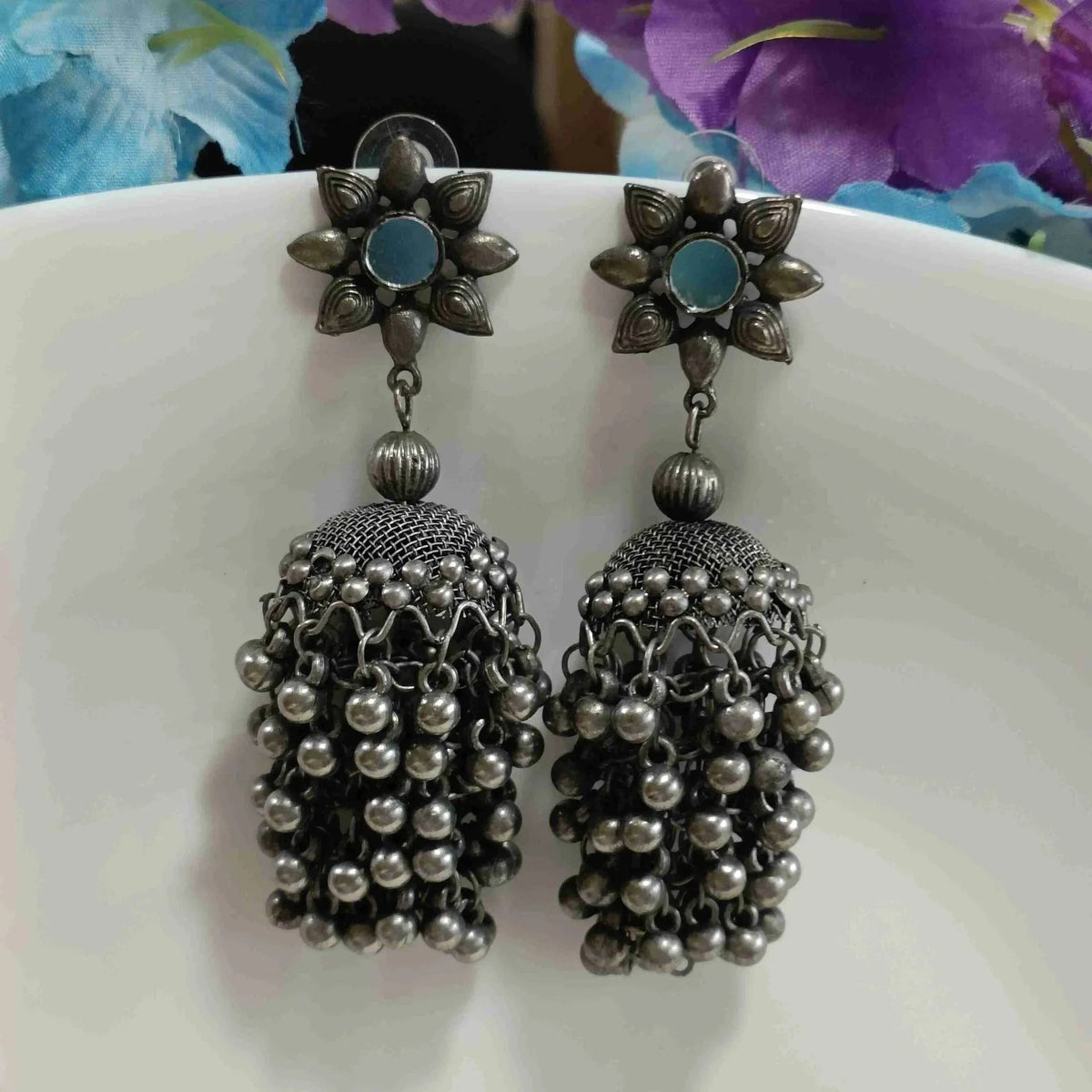 Nomad Reflections Oxidised Silver Afghani Mirror Jhumka Earrings