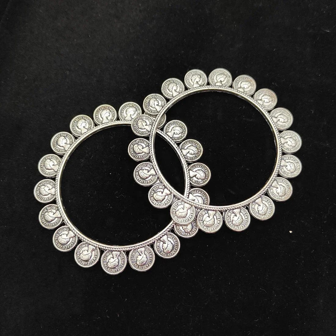 Oxidised Silver Coin Bangles Set, Queen Elizabeth Embossed Traditional Kadas
