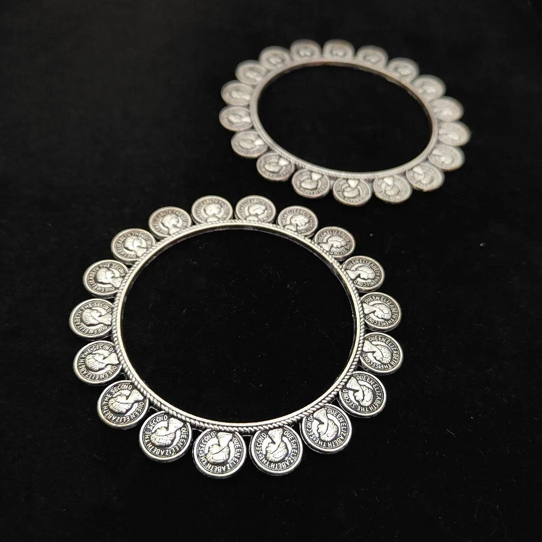Oxidised Silver Coin Bangles Set, Queen Elizabeth Embossed Traditional Kadas