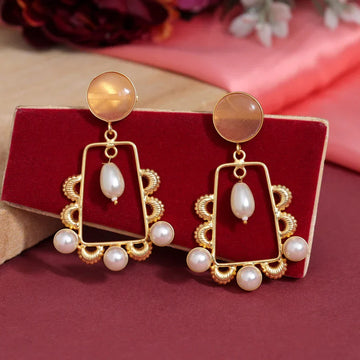 Peach Stone & Pearl Amrapali Earrings, Gold-Plated Statement Festive Danglers