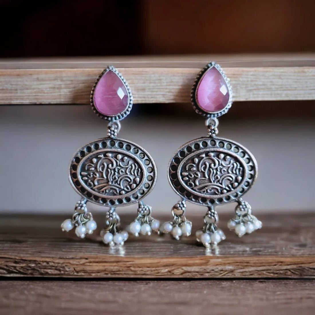 Pink Stone Oxidised Silver Dangler Earrings With Pearls
