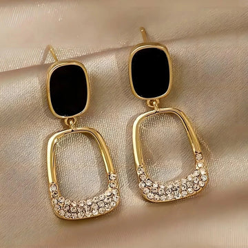 Retro Sparkle Gold-Plated Korean Dangler Earrings, Black Rhinestone Drop Statement Jewelry