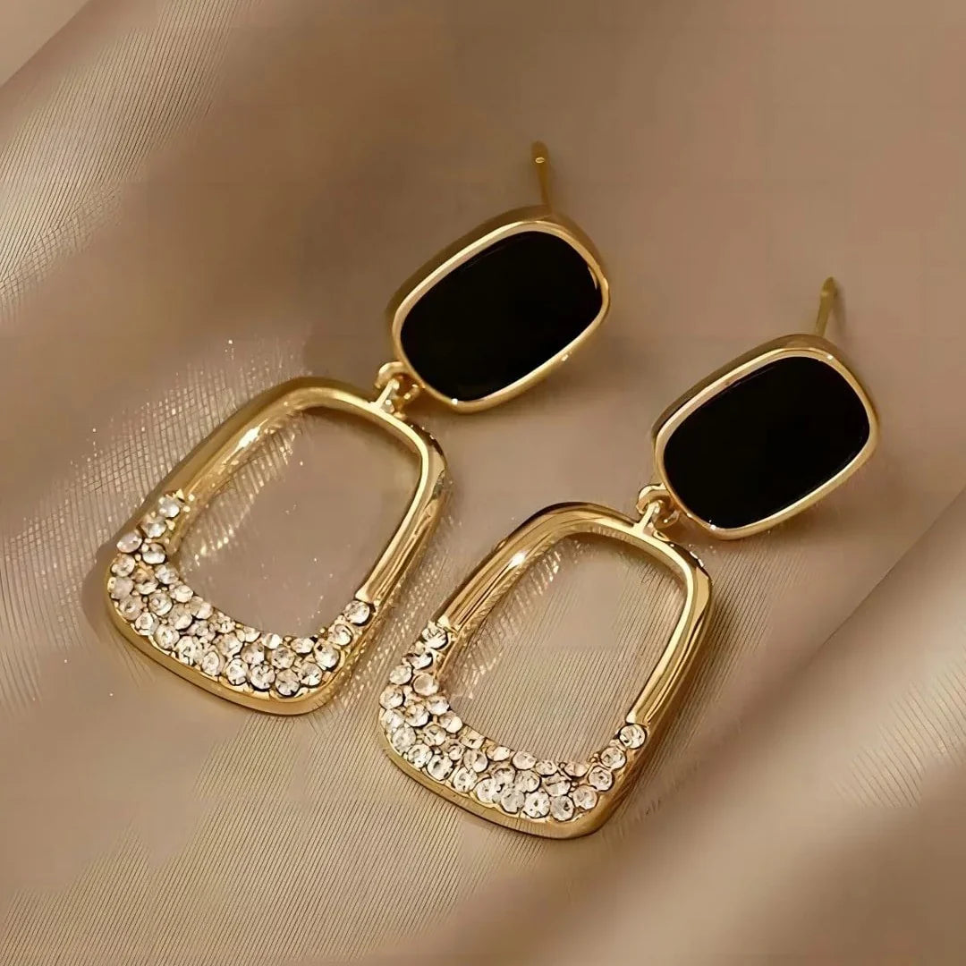 Retro Sparkle Gold-Plated Korean Dangler Earrings, Black Rhinestone Drop Statement Jewelry