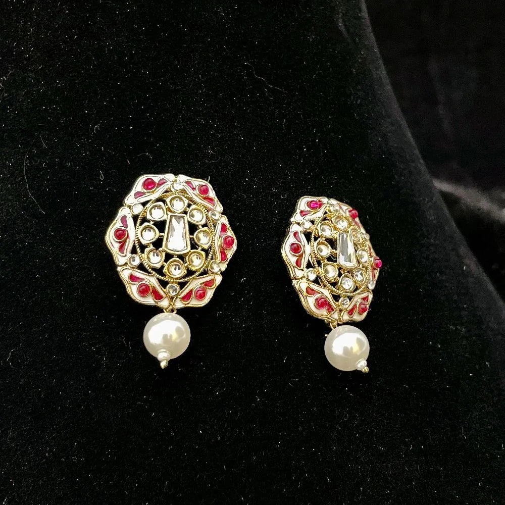 Ruby Glow Meenakari Pearl Drop Earrings For Festive Glam