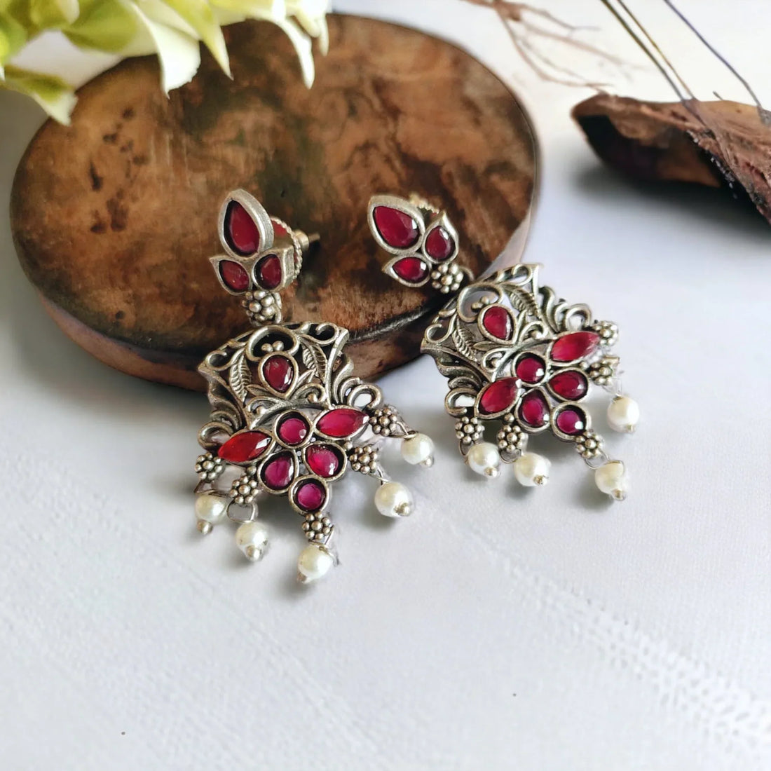 Ruby Red Oxidised Silver Dangler Earrings With Pearls