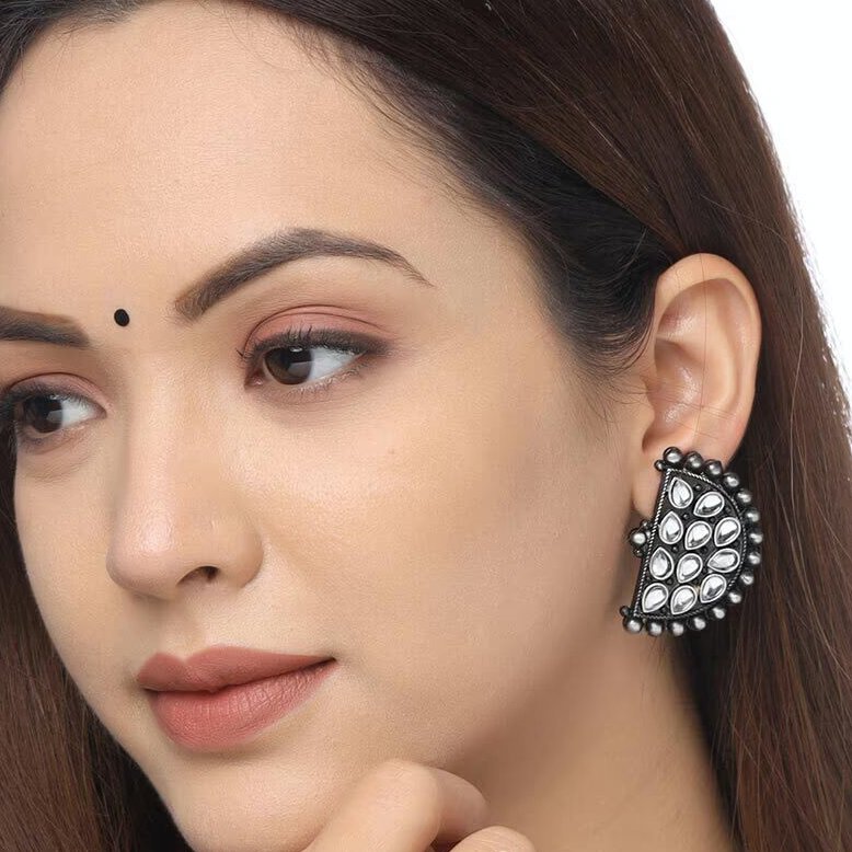 Kalatmika Silver-Oxidized Half-Moon Stone Studs