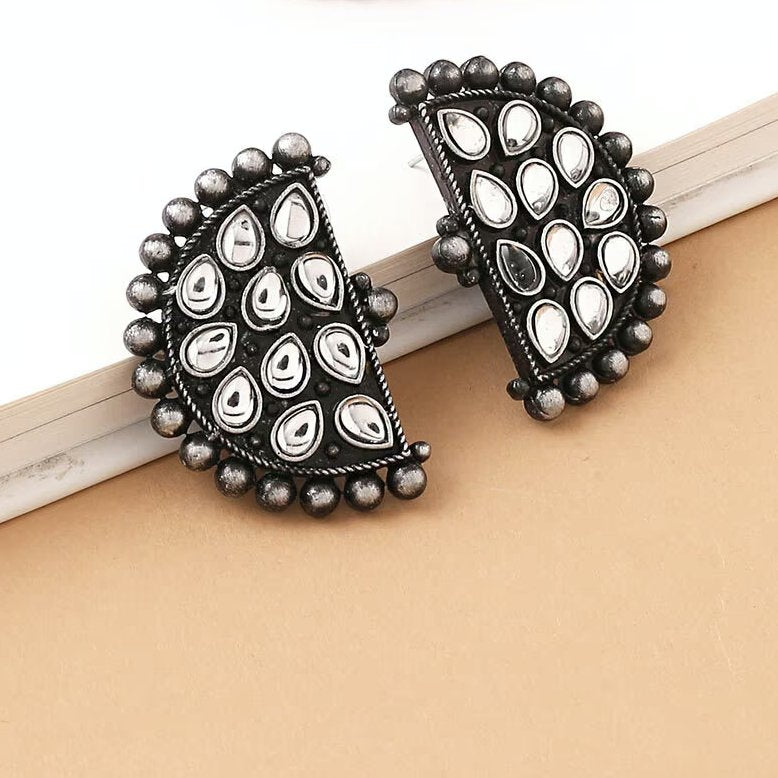 Kalatmika Silver-Oxidized Half-Moon Stone Studs