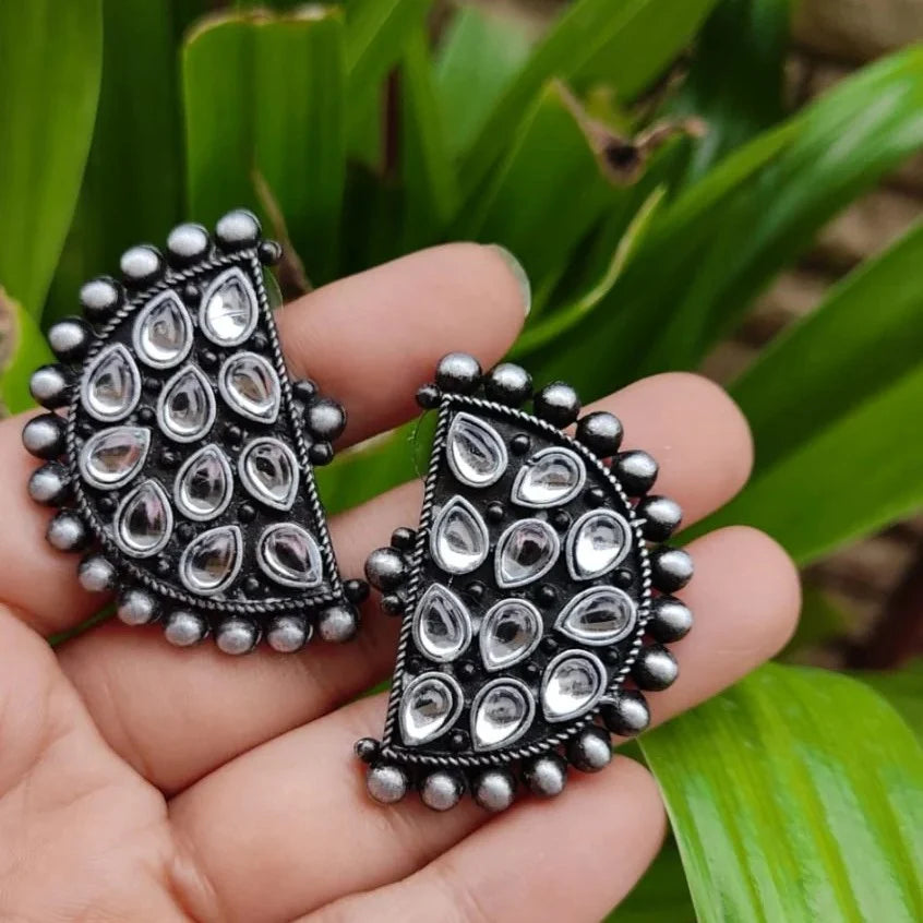 Kalatmika Silver-Oxidized Half-Moon Stone Studs