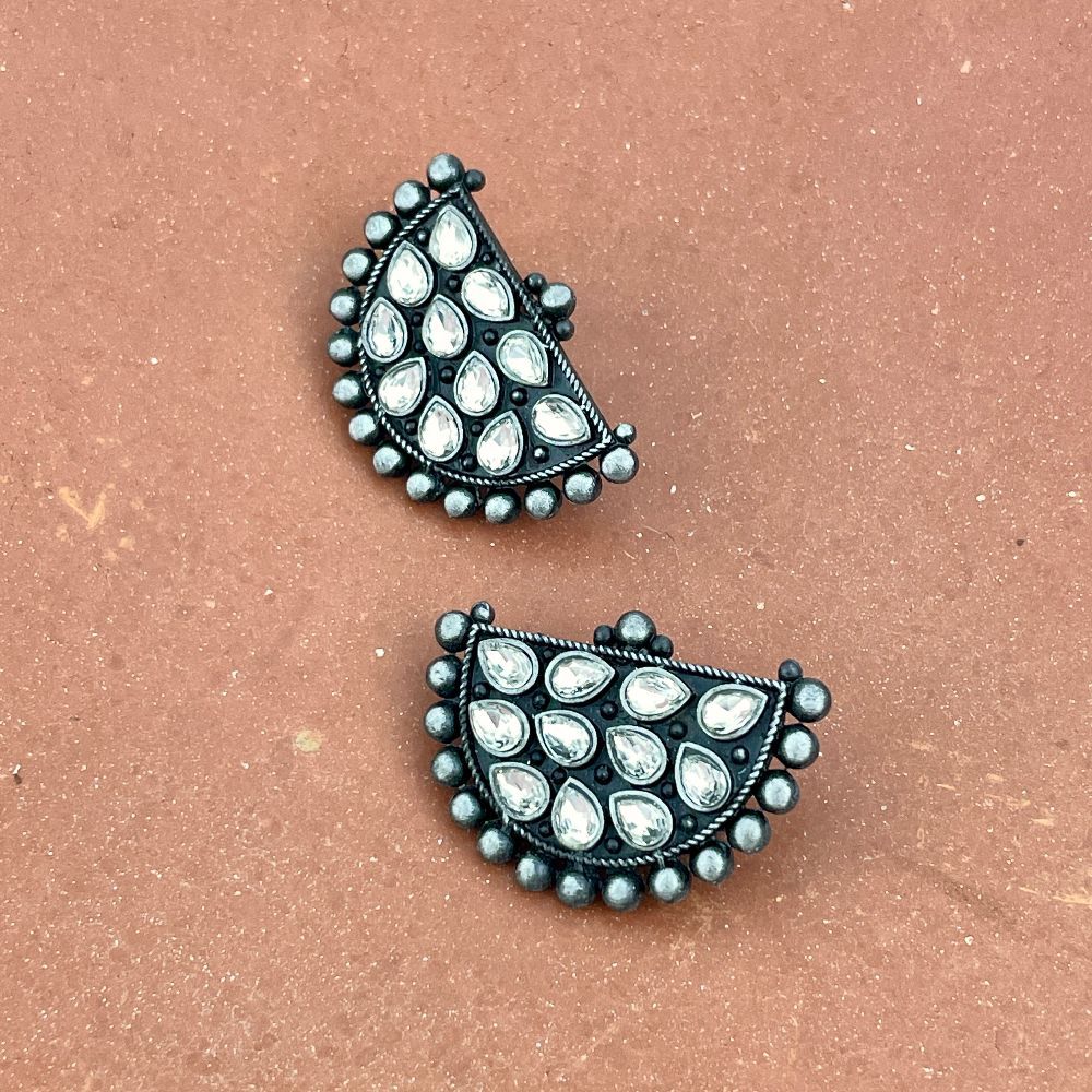 Kalatmika Silver-Oxidized Half-Moon Stone Studs