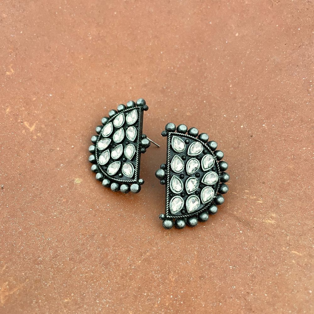 Kalatmika Silver-Oxidized Half-Moon Stone Studs