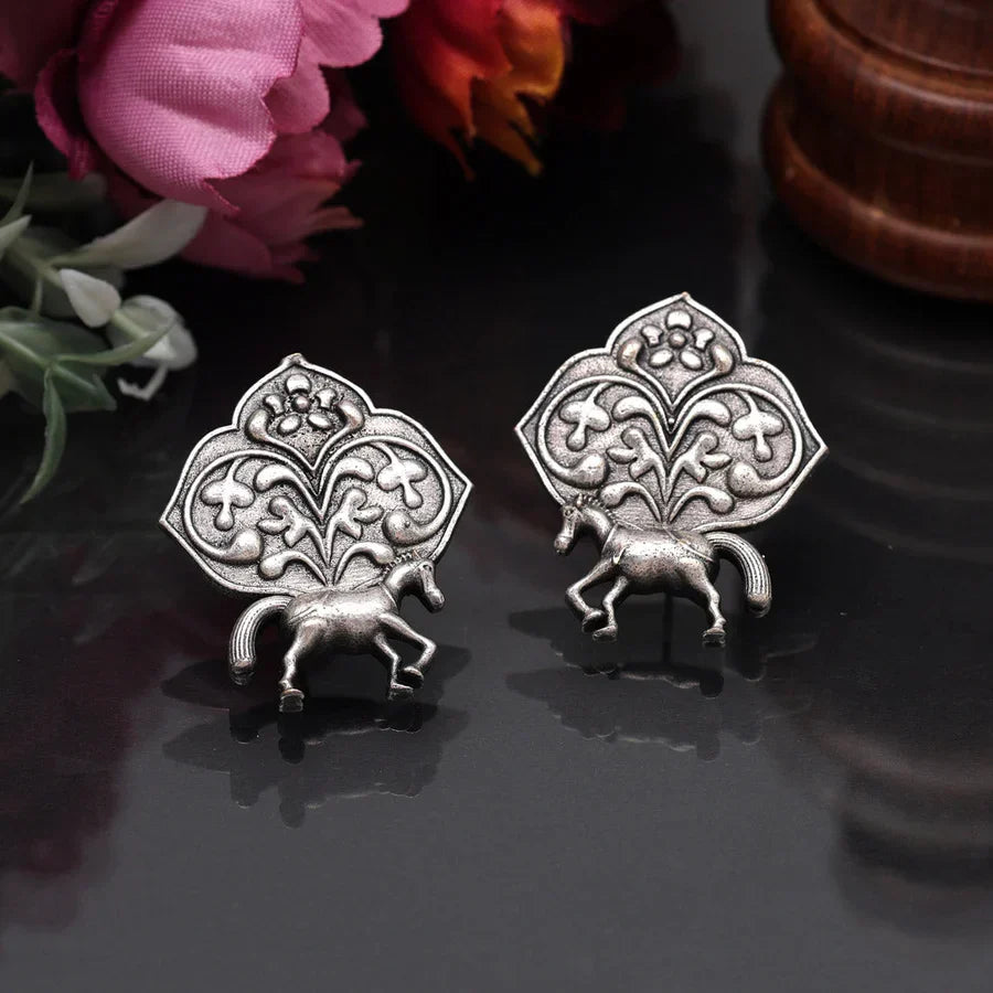 Kalatmika Silver-Plated Oxidised Horse and Floral Motif Stud Earrings for Women