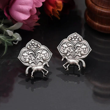 Kalatmika Silver-Plated Oxidised Horse and Floral Motif Stud Earrings for Women