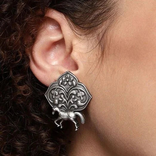 Kalatmika Silver-Plated Oxidised Horse and Floral Motif Stud Earrings for Women