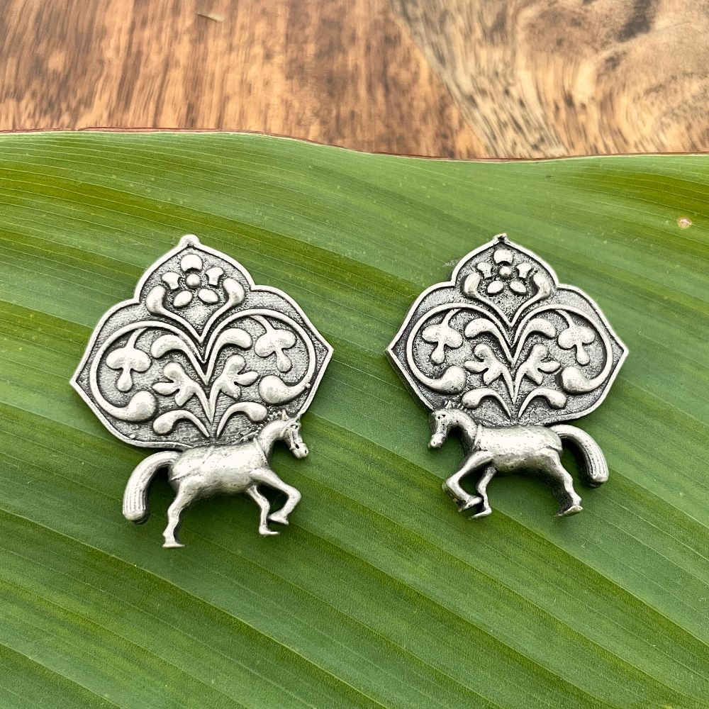 Kalatmika Silver-Plated Oxidised Horse and Floral Motif Stud Earrings for Women