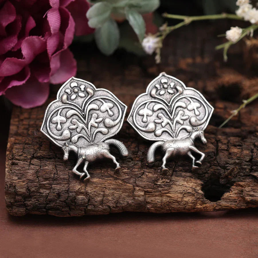 Kalatmika Silver-Plated Oxidised Horse and Floral Motif Stud Earrings for Women