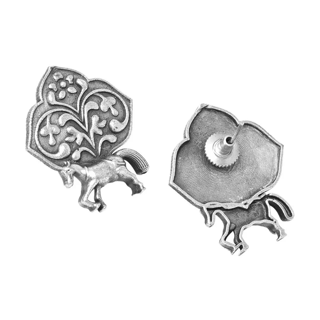 Kalatmika Silver-Plated Oxidised Horse and Floral Motif Stud Earrings for Women
