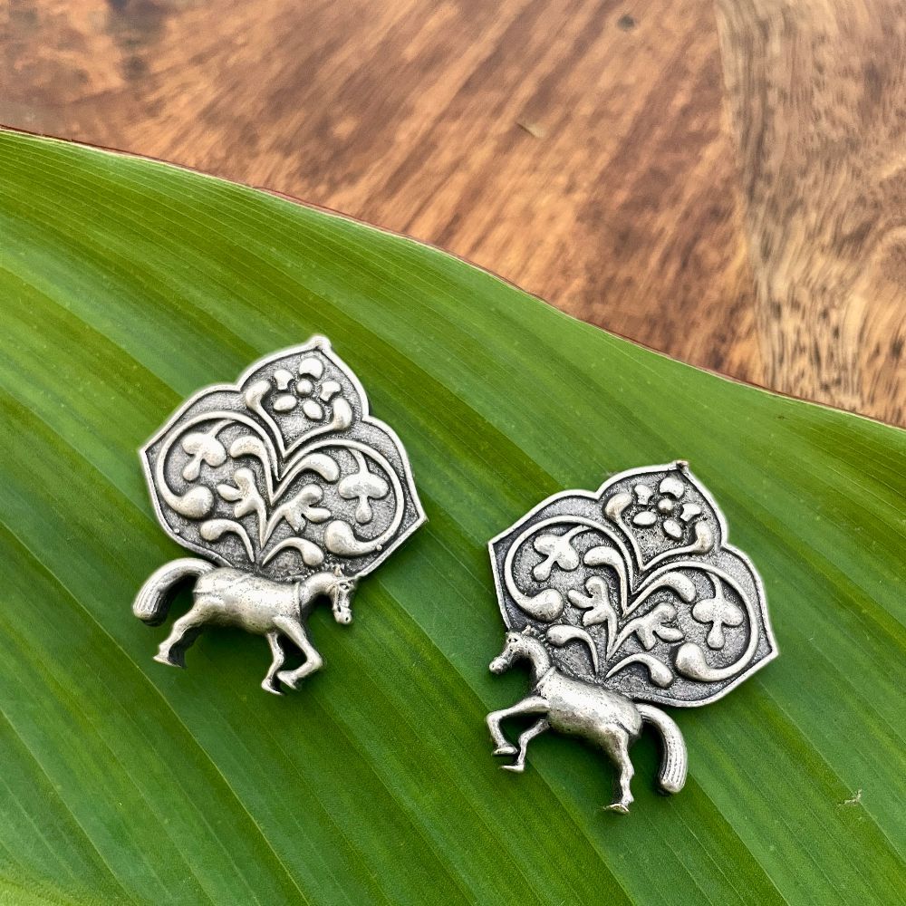 Kalatmika Silver-Plated Oxidised Horse and Floral Motif Stud Earrings for Women