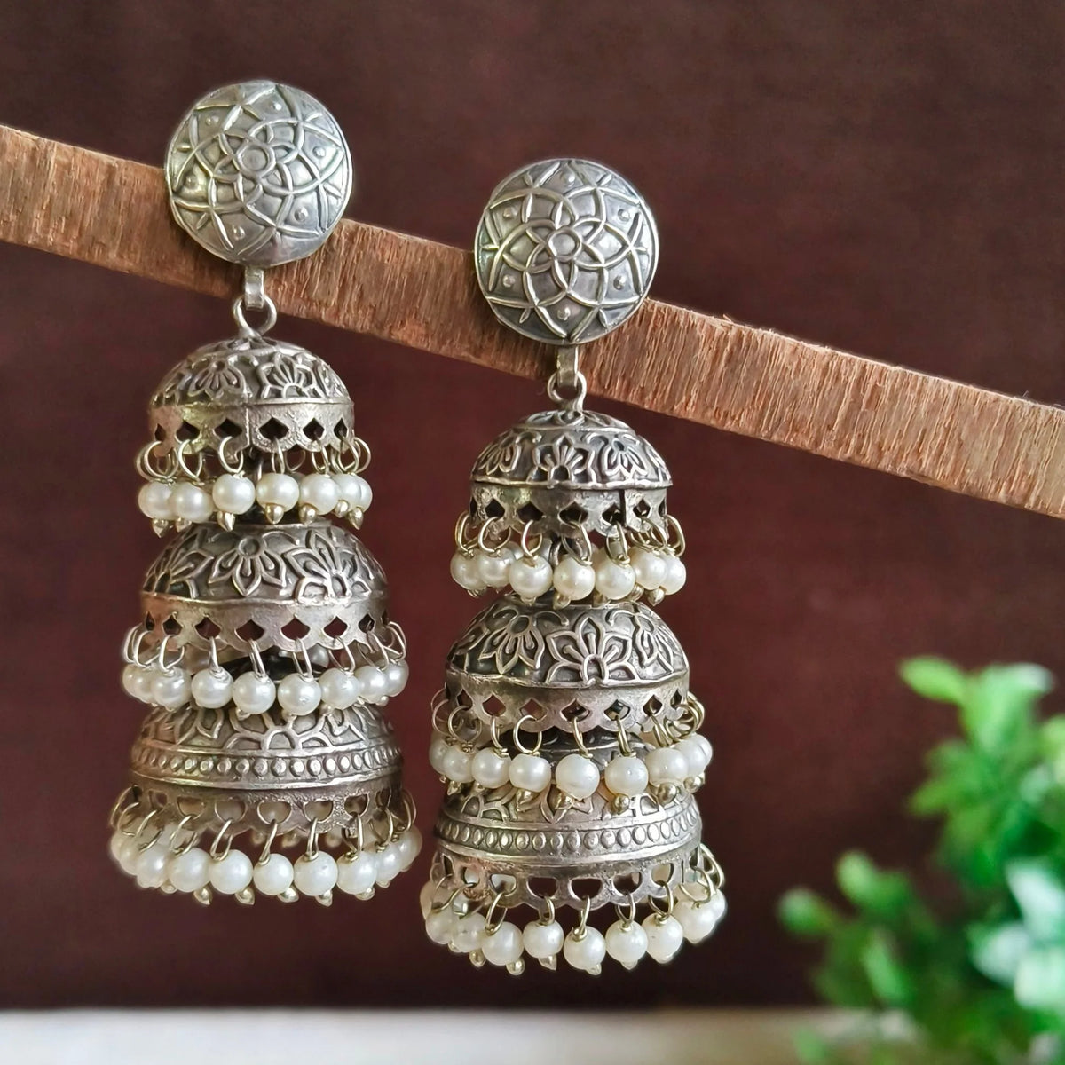 Silver Plated Beaded Three-Layer Jhumka Earrings for Women
