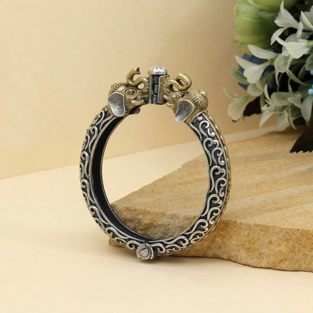 Traditional Elephant Motif Dual-Tone Oxidised Kada