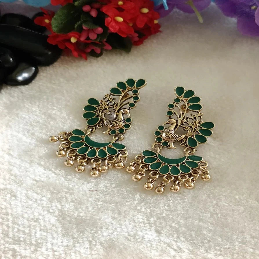 Traditional Gold-Plated Green Peacock Meenakari Drop Earrings For Women