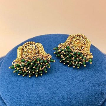 Traditional Matte Gold Plated Round Antique Earrings With Green Pearls