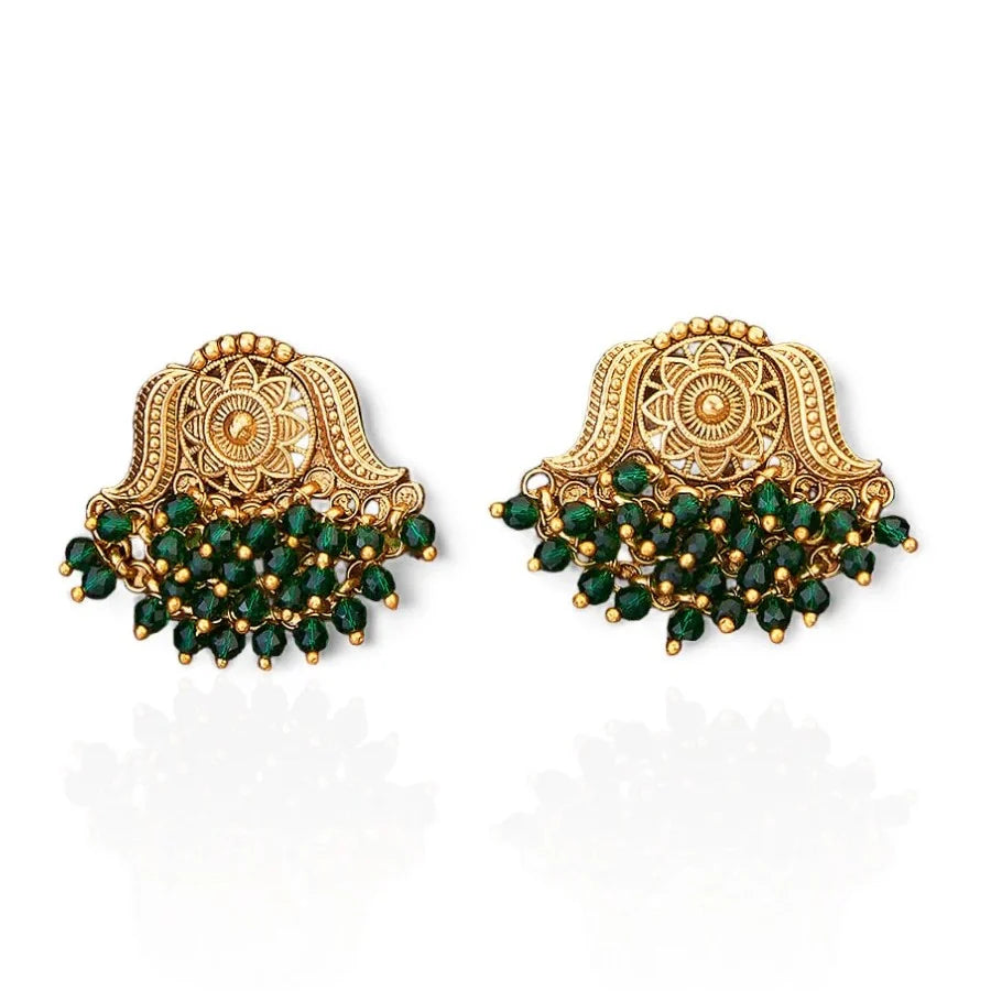 Traditional Matte Gold Plated Round Antique Earrings With Green Pearls