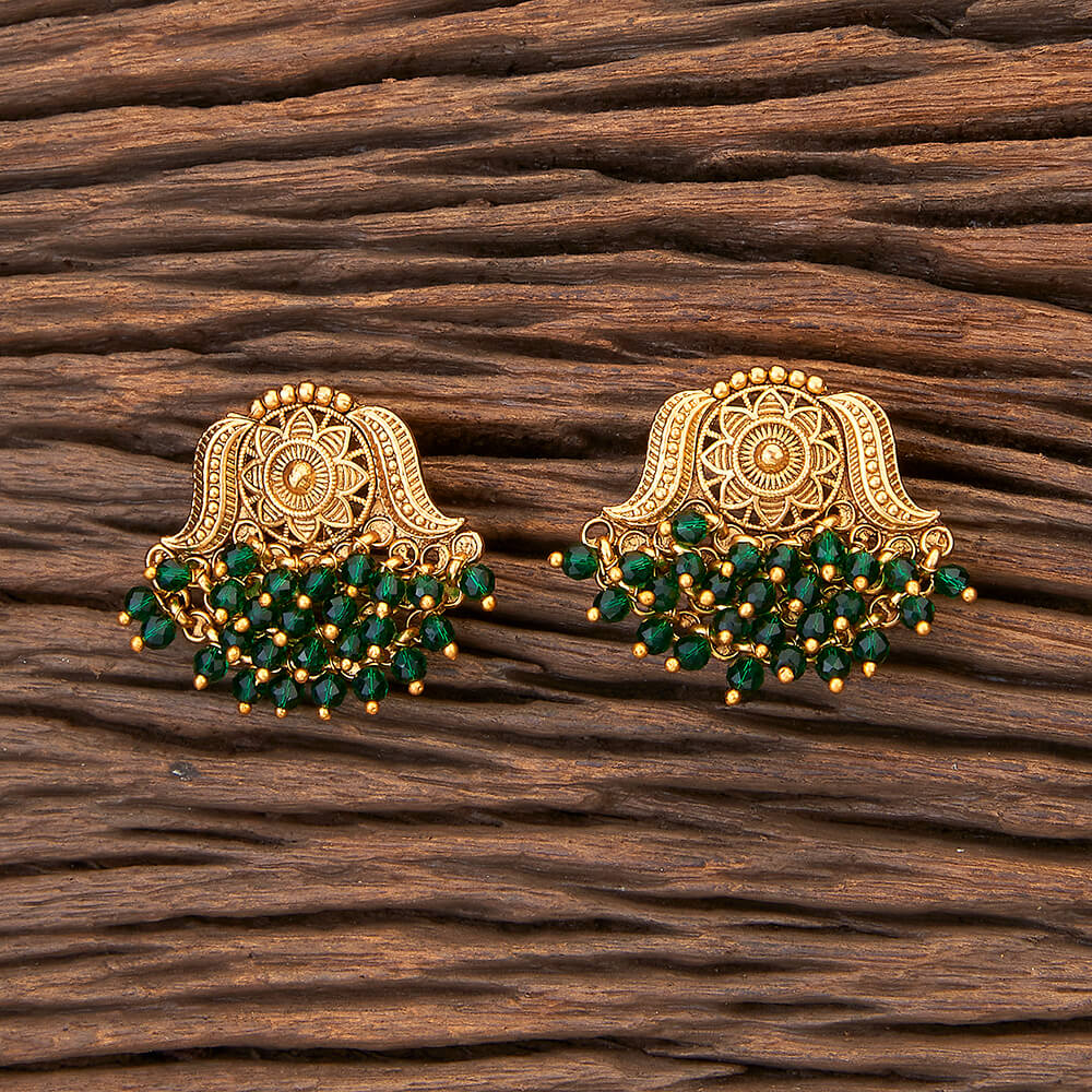 Traditional Matte Gold Plated Round Antique Earrings With Green Pearls