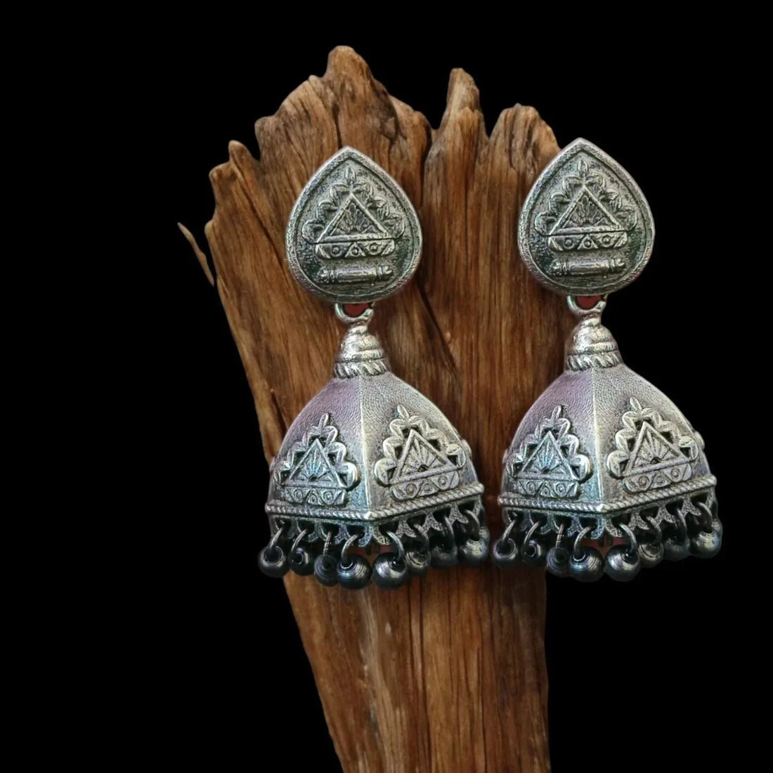 Traditional Tribal Oxidised Jhumka Dangler Earrings, Silver-Plated Antique Statement Jewelry