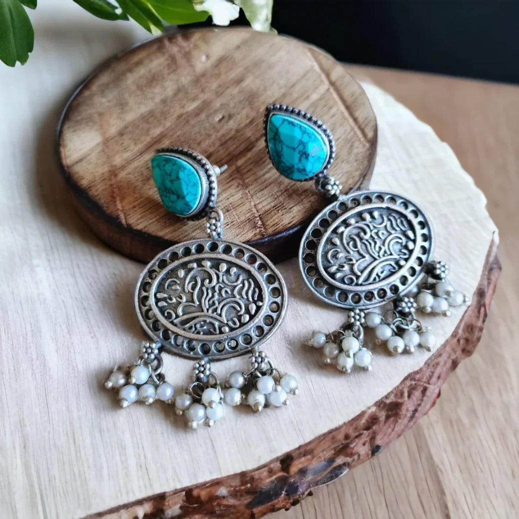 Turquoise Blue Oxidised Silver Dangler Earrings With Pearls